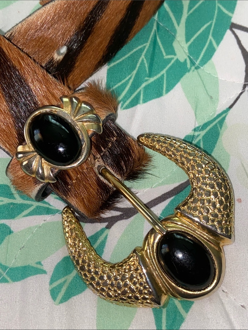 TRIVEDI Ornate Gold BLACK CABOCHONS Buckle & Tiger Calf Hair Belt PARTS/REPAIR